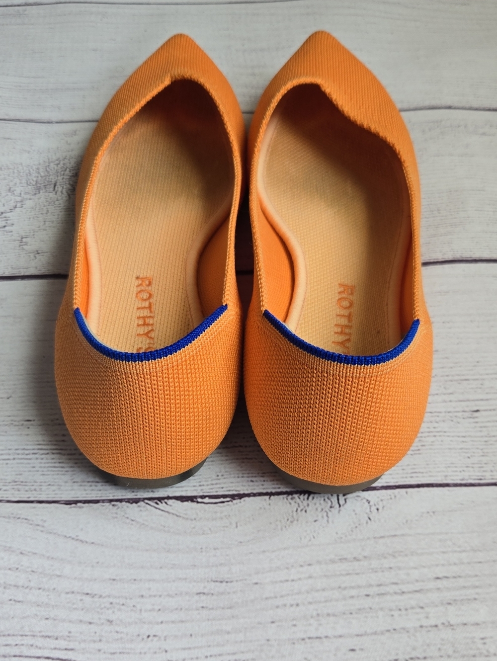 Rothy's Orange Pointed Flats with Blue Trim - Picture 2 of 5